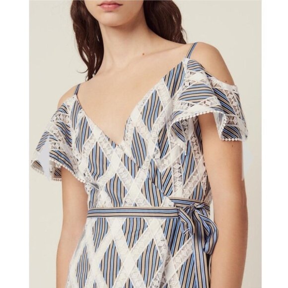 Sandro Illa Cold Shoulder Midi Dress Striped Lace Size EU 36 US 0/2 - Picture 1 of 12